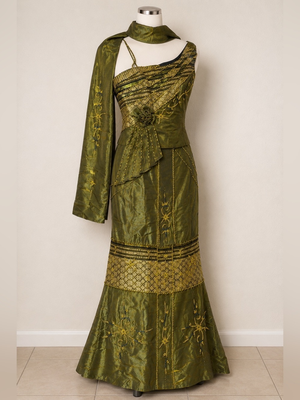 Custom Handmade Olive Beaded Bollywood/Khmer fashion Gown w/Shawl One of a Kind